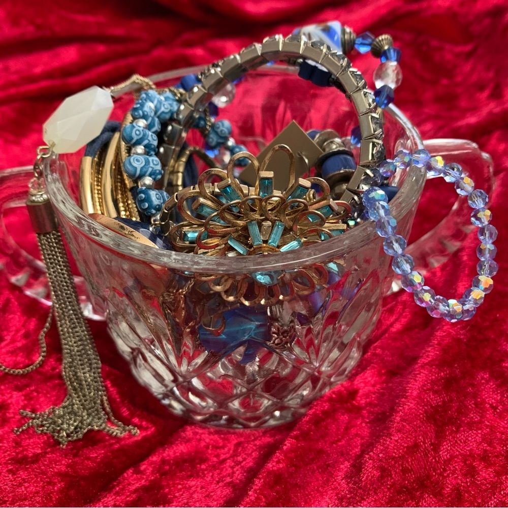 Curated Blue Boho Jewelry Jar Glass Beads Floral Accents Vintage Mix coastal